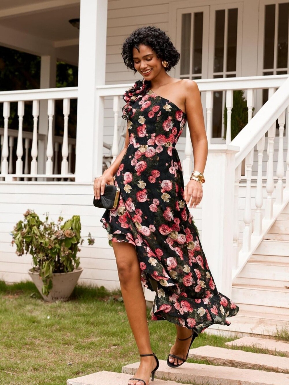 One-Shoulder Black Floral Asymmetric Dress